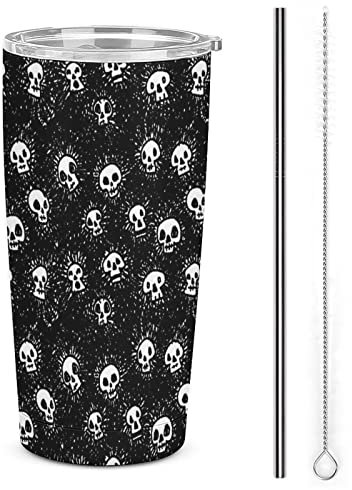 shgwehh Doodle Goth Totenkopf Edelstahlbecher, isolierter Becher mit Deckel und Strohhalmbürsten, doppelwandiger Reise-Kaffeetasse, 590 ml