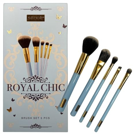 Set de Brochas de Maquillaje Veganas Royal Chic, 5 Piezas, Cerdas Sintéticas Suaves, Ideal para Base, Sombras y Polvos, Compacto y Portátil