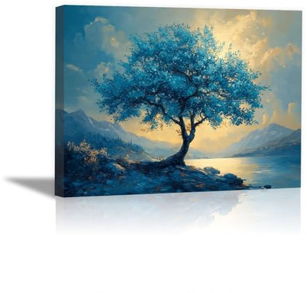 BOHUO Grande Quadro Moderno Stampa su Tela, Albero minimalista Albero Della Vita pittura quadri soggiorno camera da letto Decorazione Murale - 70x100cm Incorniciato(Blu)