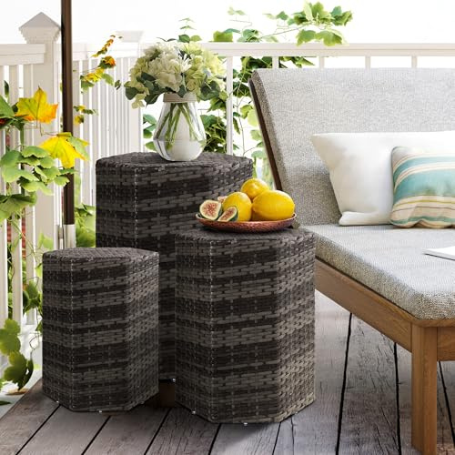 Sundale Outdoor Wicker Side Table Set of 3, Nesting Rattan Coffee End Tables for Small Spaces, Weatherproof Patio Furniture, Lightweight Indoor/Outdoor Use, Dark Grey