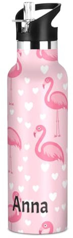 Borraccia per bambini personalizzata con cannuccia, a prova di perdite, borraccia sportiva per bambini per ragazzi e ragazze, 590 ml, senza BPA, con simpatici fenicotteri rosa