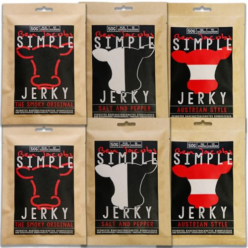 Beef Jerky Big Sample Box 6 x 50g, bœuf nourri à l'herbe autrichien de qualité supérieure, sans additifs ni conservateurs (Greatest Hits)