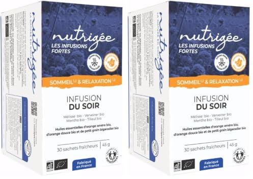 NUTRIGÉE - Infusion Du Soir Bio - Sommeil Naturel & Réparateur - Prolonge, Prépare & Calme - Tilleul, Passiflore, Eschscholzia, Mélisse, Marjolaine - Riche En Concentrés Végétaux Solubles - 30 Sachets