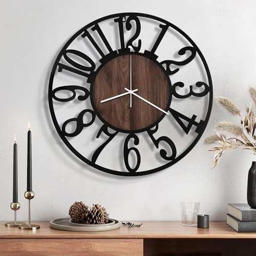 Maxstar Wall Clock Batterie betrieben, still, Nicht zu tun, Moderne, rustikale Metallrunde für Wohnzimmer/Schlafzimmer/Büro/Küche/Bauernhaus Wohnkultur 16 Zoll (Brown-Wood)
