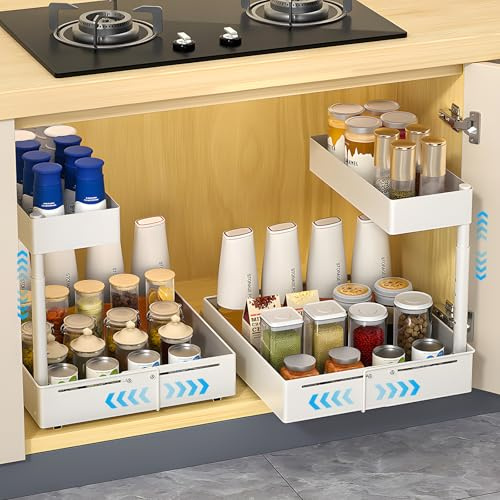 YHANEC Unter Waschbecken Regal Organizer 2 Stück | Erweiterbar ausziehbare Spülenschrank Organizer,Schubladen-Aufbewahrungsregale,für Küchenschränke mit Klebefolie