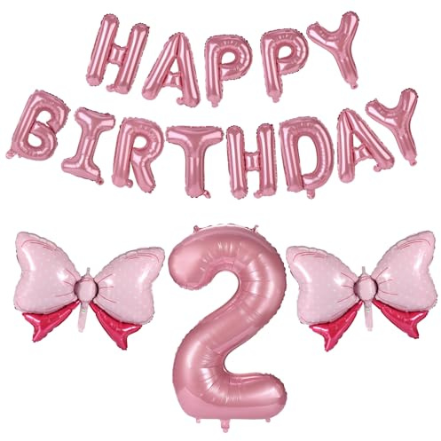 Bow Happy Birthday Number Balloons Set, 40in Aluminum Foil Pink Jumbo Bow Letter Balloons Banner for Girl Birthday Party Princess Coquette Party Decoration Supply (Number 2)