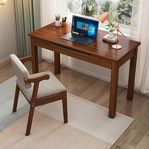 Bureau d'ordinateur moderne en noyer avec tiroirs – Table d'écriture en bois massif de 99 cm pour bureau à domicile et étude – Solution d'espace de travail élégante et fonctionnelle