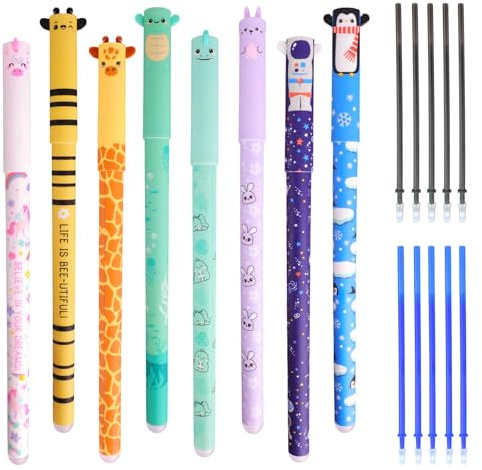 Erasable Pens 8 Colors, 8 Rub Out Pens + 10 Refills (Blue And Black), Coloured Pen With Eraser On The Tip,0.6mm Cartoon Pattern Animal Pen For Children's School Supplies Or Adults' Office supplies