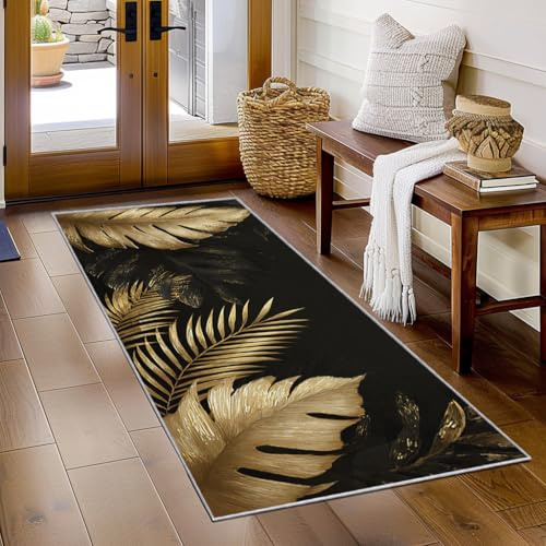 Hallway Runner Tropical Leaves, Washable Runner Rug Black Gold Monstera Palm Leaf 60 x 220, for Kitchen, Entryway, Bedroom Decor, Non Slip Low Pile Indoor Floor Carpet j853