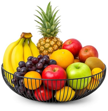 HOMSMYTH Metal Wire Fruit Basket | Modern Black Steel Fruit Bowl for Kitchen Counter & Dining Table | Open Design for Even Ripening | Decorative Storage for Fruit, Bread & Snacks (Pattern 1)