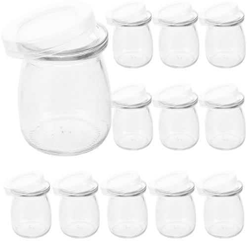 BAZEITFLOW Lot de 12 Bocaux en Verre 100 Ml avec Couvercles Transparents pour Yaourtière Bouteilles Rechargeables pour Yaourt et Boissons Pots à Pudding Réutilisables Cuisine et