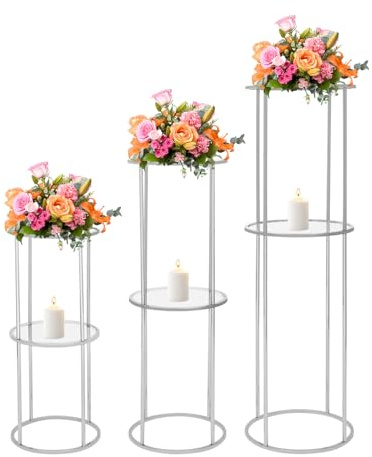 PromiseFly set om 3 blompall i två lager blomstativ blompelare växtpall växtstativ metallstativ för bröllop, fester, födelsedagar, fester, hotell 60 cm/80 cm/100 cm (silver)