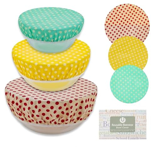 Beeswax Bowl Covers Set of 3, 8/10/12 Inch Reusable Elastic Cotton Food Covers for Bread Proofing, Sourdough Dough Rising, Fridge Storage & Food Storage, Plastic-Free Bowl Lids
