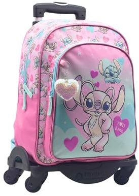 Zaino Scuola Angel & Stitch - Doppio scomparto - con accessorio cuore + carrello nero TOYBAGS con protezione laterale e inserto frontale 4 ruote girevoli - 44,5 x 32 x 21 cm