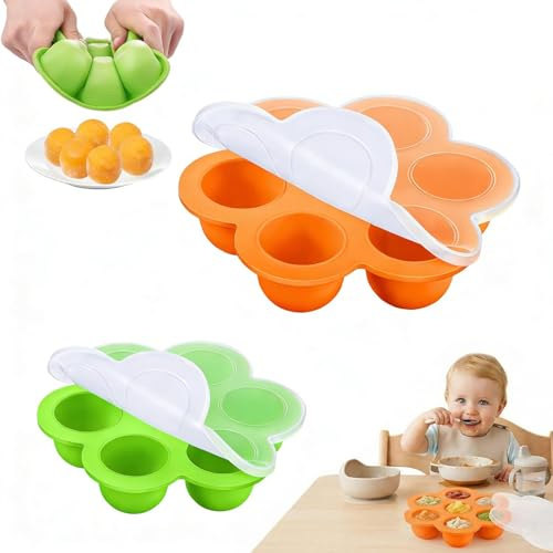 KOQAIIZ Pack de 2 Recipientes de Silicona para Comida de Bebé con Tapa, Bebe Comida para Congelar Purés y Papillas, Moldes de 7 Porciones para Alimentación Complementaria, Naranja y Verde