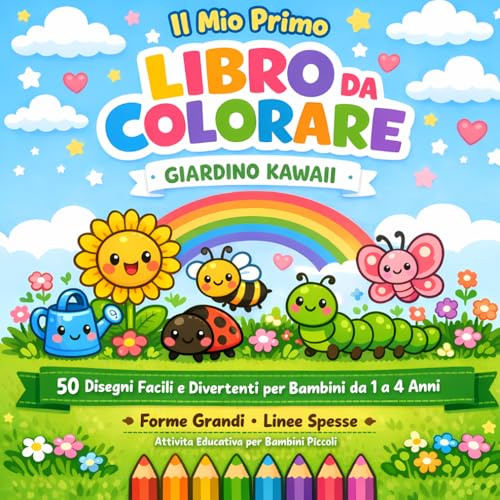 Il Mio Primo Libro da Colorare Giardino Kawaii: Disegni Facili Bold and Easy con Fiori, Insetti e Natura – Perfetto per Bambini 1-4 Anni