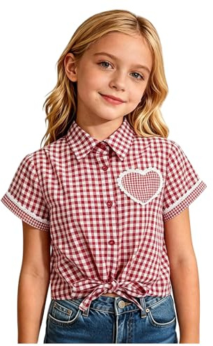 2026 Blusa Tradicional para Niña, Camisa de Manga Corta con Cuadros y Encaje, Diseño y Elegante, Ideal para Fiestas, Eventos Ocasiones Informales, Muy Cómoda de Llevar