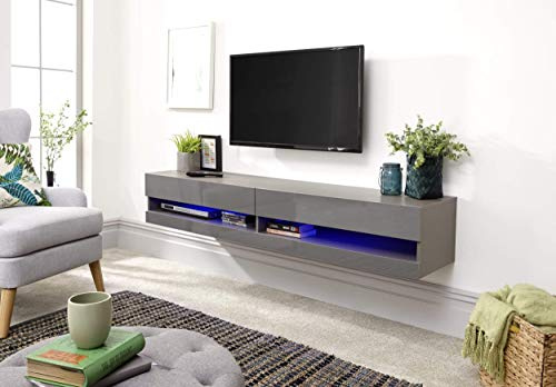 GFW Galicia 150cm Wall TV Unit with LED, Grey Floating TV Cabinet with Lift-Up Doors and Hidden AV Storage, Modern Entertainment Unit