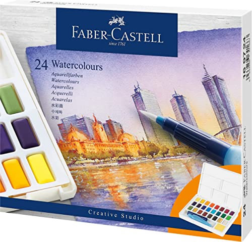 Faber-Castell 169724 - Aquarellfarben in Näpfchen, mit Mischpalette und Wassertankpinsel, 24er Etui