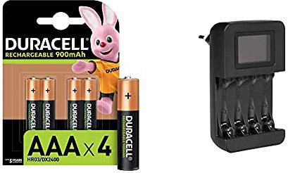 Duracell Rechargeable AAA 900 mAh Micro Akku Batterien HR03, 4er Pack & Amazon Basics Intelligentes, digitales Akku-Ladegerät für 4 AA-, AAA-Akkus