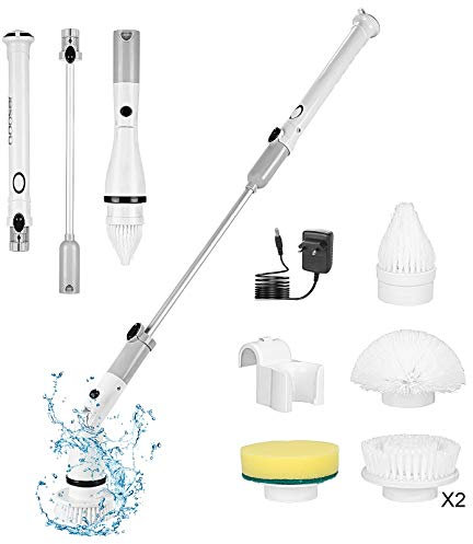 DECMAY Depurador de Suelo eléctrico con 5 Cabezales de Cepillo de Limpieza reemplazables, Cepillo de fregado de Ducha Giratorio para Suelo, baño, Cepillo de Limpieza para Suelo de Cocina (Gris)