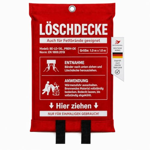 Brandengel® Feuerlöschdecke 1x1 m – DIN EN 1869:2019 geprüfte Löschdecke für Fettbrand & Küche – Feuerdecke aus Glasfaser für Haushalt, Werkstatt, Auto, Grill & Camping