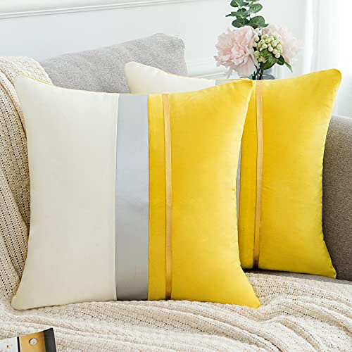 2er Set Kissenbezug Sofakissen Dekokissen Samt Weich Elegant Einfach Streifen Gelb und Weiß Einseitige Druckt Gold Silber Leder Gestreifter Akzent für Sofa,Auto,Büro,Wohnzimmer,Schlafzimmer,50*50cm