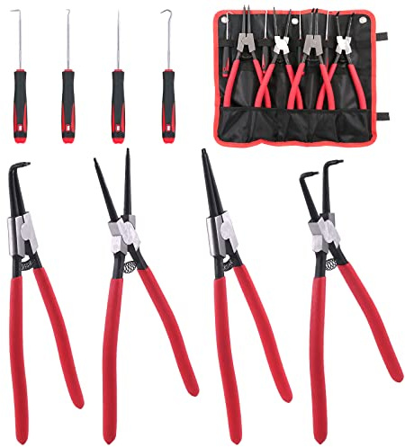 Rustark 8Pcs 13 Inch Snap Ring Pliers Heavy Duty Hook Tool Set Internal External Circlip Pliers Tool Kit Straight Bent Jaw Pliers for Automotive Ring Removal Retaining