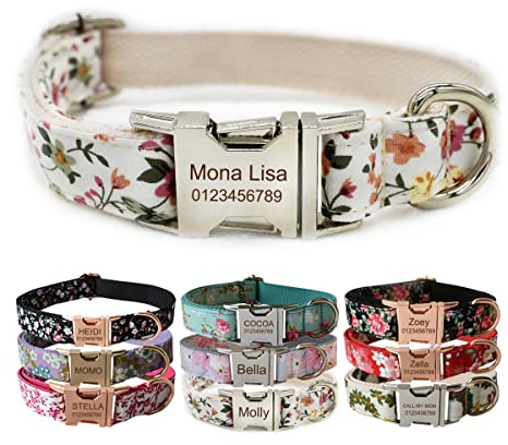 Personalisiertes Hundehalsband mit Metallschnalle, individuelle Haustiermarken mit Namen, Telefonnummer, Adresse graviert, Blumenmotiv