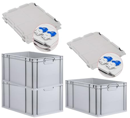 PROREGAL SuperSparSet 3x Eurobox NextGen Economy mit Scharnierdeckel & blauen Verschlüssen | Griffe geschlossen | HxBxT 32x40x60cm | 65 Liter | Eurobehälter Transportbox Transportbehälter