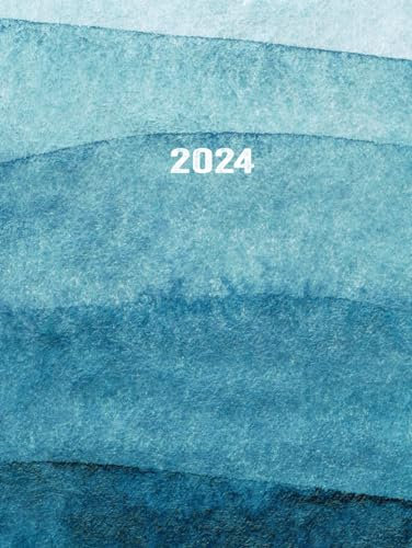 2024: Edler XXL Kalender I A4 I 400 Seiten I 1 Tag 1 Seite I Zeiteinteilung von 6-22 Uhr I Aquarell Blau