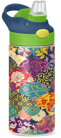 KAAVIYO Blume Der Japanischen Kunstkultur Wasserflasche Edelstahl Isoliert Vakuumflasche Lecksichere Thermoskanne mit Stroh Bürstenbecher 350ml für Jungen Mädchen