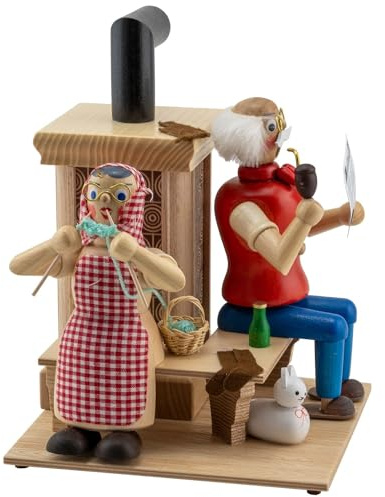 Seiffener Volkskunst Jan Legler | Räuchermännchen Räucherfigur | Holzkunst aus dem Erzgebirge | Handarbeit Made in Germany | 21 cm | Oma und Opa am Ofen Natur