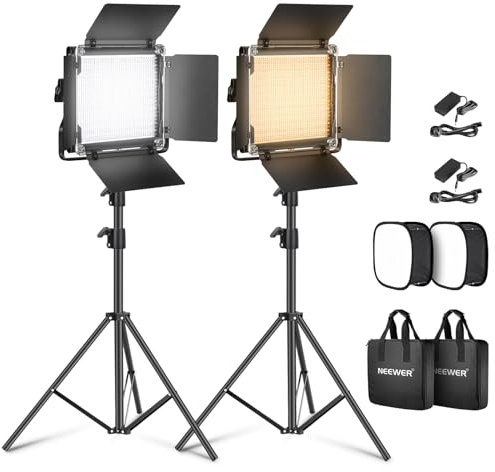NEEWER 2 Pack Bi-color 660 LED Video Light Kit:(2)3200-5600K CRI96+ Light with U Bracket/Barndoor,(2)Softbox Diffuser,(2)75 inches Tripod Stand, Key Lighting for Studio Photography Recording Streaming