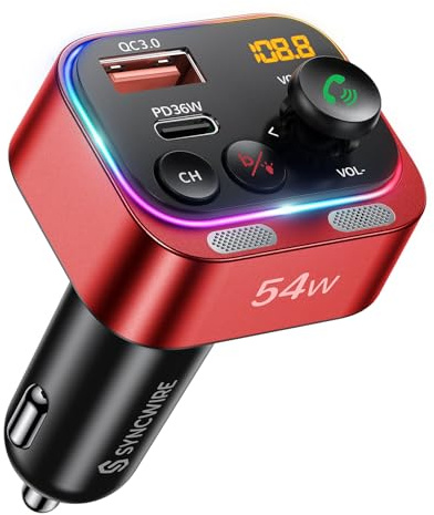 Syncwire FM Transmitter 5.4 Bluetooth Adapter Auto 54W PD & QC 3.0 USB C Auto Ladegerät [Stärkere Dual-Mikrofone | HiFi-Basston | Schnellladung | Lichtschalter | Kabelloser Radioempfänger], Rot