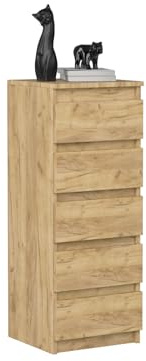 VBChome Kommode mit 5 Schubladen 40 x 39 x 105 cm EicheGrifflose Schubladenkommode Mehrzweckschrank für Flur Schlafzimmer Wohnzimmer Kinderzimmer Modern