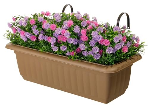 STI Vaso da balcone con ganci e pianta artificiale con fiori rosa e viola larghezza 54cm
