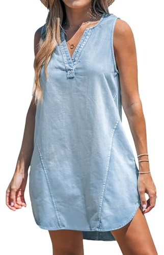 CUPSHE Vestido corto de mezclilla para mujer, cuello en V, sin mangas, vestido casual de verano acampanado