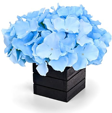 CVHOMEDECO. Hortensias azules con jarrón de madera, hortensias artificiales de seda en caja de madera negra para decoración del hogar. Ideal para esposa, él o ella, día de San Valentín, día de la