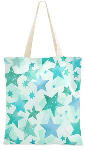 Amooorous Tragetasche aus Segeltuch, Minzgrün und Blau, Sterne, Tragetasche mit Taschen für Arbeit, Lebensmitteltasche, Mintgrün und blaue Sterne, 1 Size