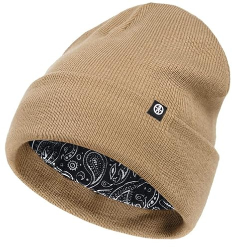 Enwokran Unisex mjuk känsla uppfällbart slokande stickad mössa hatt varm fleece fodrad vintermössa för kallt vått väder, vindtät och varm och stretchig, Khaki2, one size