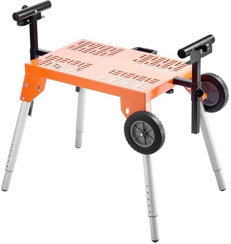 VEVOR Miter Saw Stand with Tabletop and Wheels, 330lbs Load Capacity Steel Collapsible Rolling Stand, Adjustable Height and Length, Portable Compact Folding