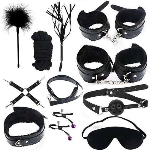 Kits Bondage, 10 Pièces Kit Bdsm, Menotte Femme Sexy Erotique, Retenue et Bondage, Accessoires Sexualité Couple, Jouet pour Adulte Érotique Couple, Noir