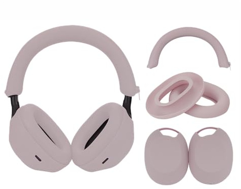 Adhiper 3Sets Silicone Sweat Case Cover for Sony WH-1000XM5 Headphones, XM5 Covers Accessories Silicone Ear Pads Covers & Headband Cover & Ear Cups Protector, Washable & Sweatproof - Smoky Pink