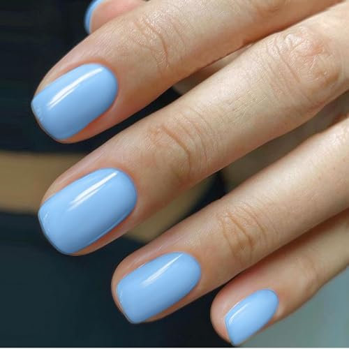 Ceboic False Nails Short, Square French Press on Nails, Light Blue Glossy Solid Color Full Cover Acrylic Fake Nails, Natural Removable Elegant Stick on Nail for Women and Girls Daily Party Wear 24Pcs