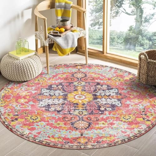 Waschbarer runder Vintage-Teppich, bunter rutschfester Orientteppich für Wohnzimmer & Schlafzimmer, Kurzflor 60 cm, stilvolle Sofa-Matte, perfekte Wohnkultur.