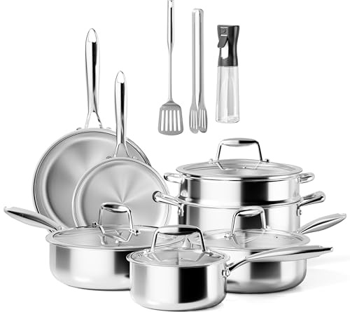RIOVARM Aceros inoxidables Juego de ollas y sartenes con Tapas, Inducción Antiadherente Batería de cocina sin PFOA, Juego Esencial de Cocina, Apto para hornos, Olla Sartén Casserole