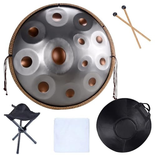 Handpan Drum Instrument in D-Moll mit Tasche und Stativ, ideal für professionelle Audioproduktion und Live-Auftritte
