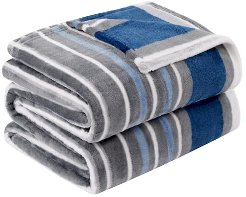 ROMROL Striped Throw Blanket for Sofa and Bed – Soft Blue Grey Fleece Blanket – Lightweight, Cozy & Decorative – Flannel Microfiber Blanket for All Seasons – 230x230cm