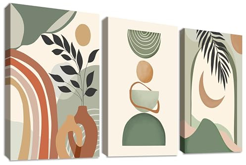 3Pcs Geometrische Linien Leinwand Bilder Set Mit Rahmen Beige Grün Braun Illustrationen Bild auf Leinwand Malerei Sonne Mond Blätter Wandbilder Wohnzimmer Schlafzimmer Esszimmer Wanddeko 30x40cm x3pcs